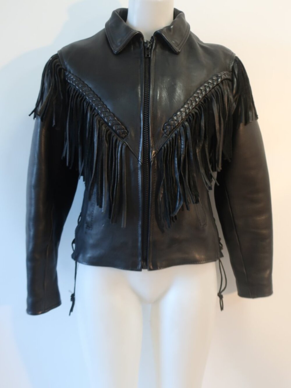 Womens Route 66 Black (Item-1) Zip Lambskin Leather Fringe Biker Rodeo Jacket 12